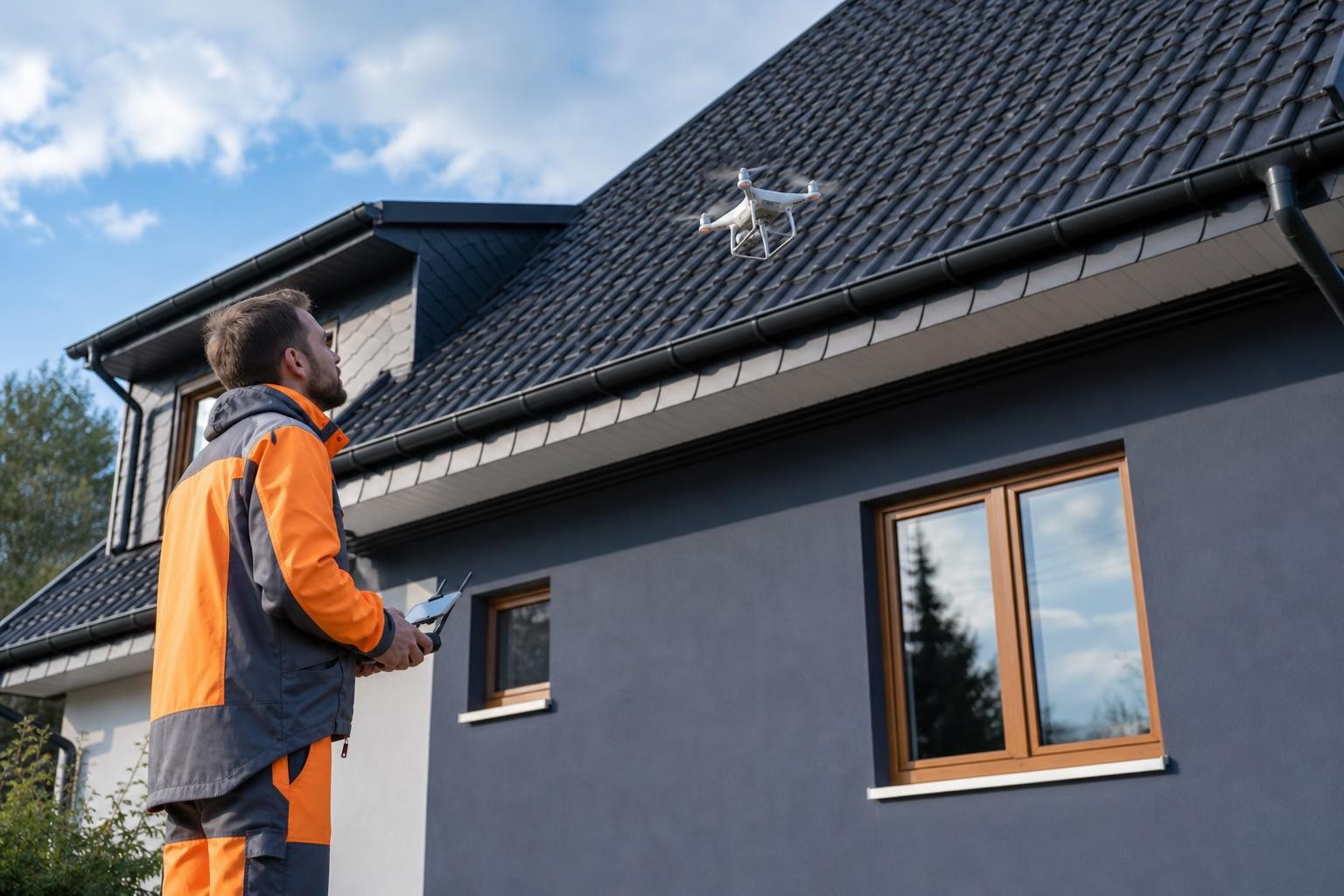 Dachdecker steuert eine Drohne zur Dachinspektion vor einem Steildach